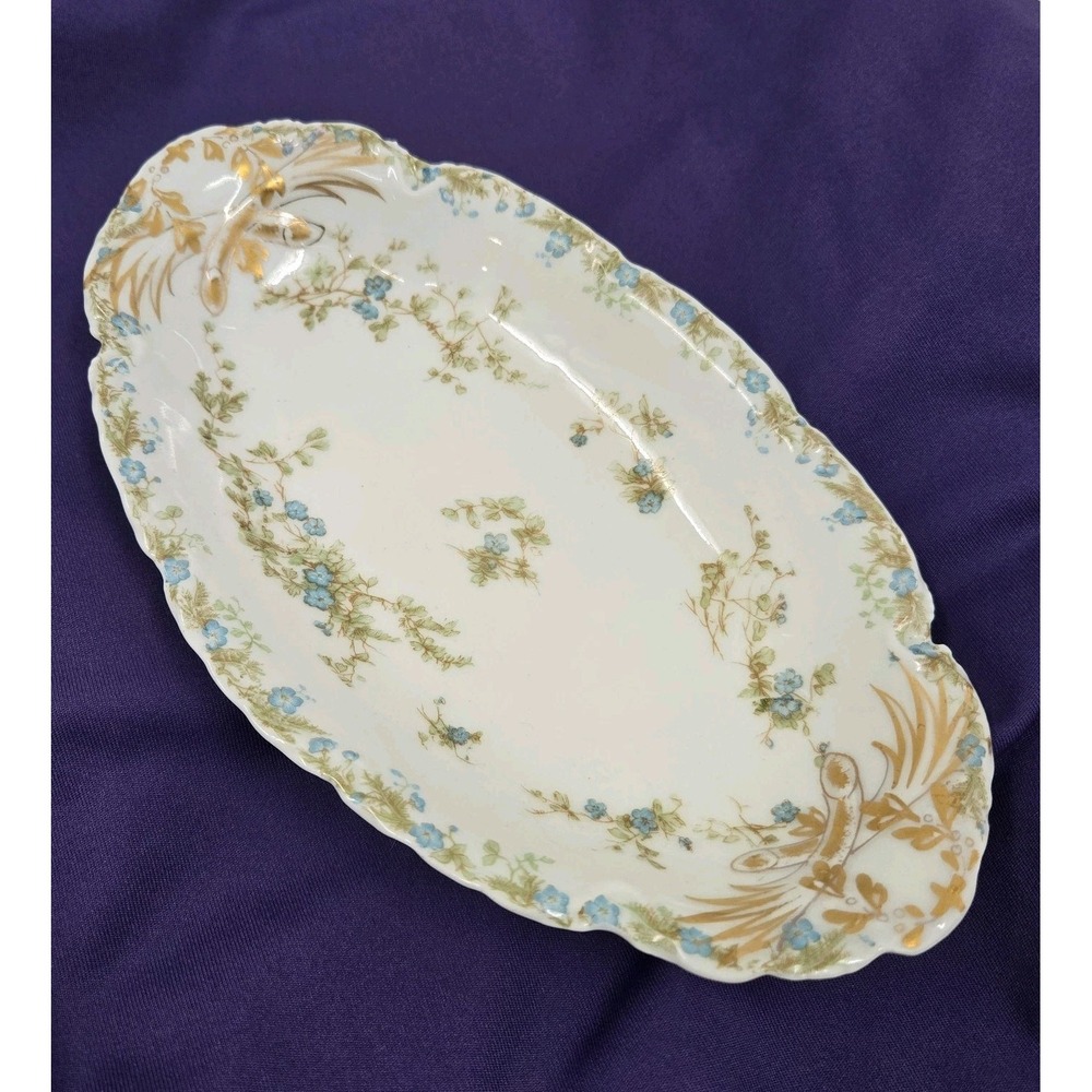 Haviland & Co Limoges Schleiger 248N Pattern Blue Gold Porcelain Dish 8.25x5in.